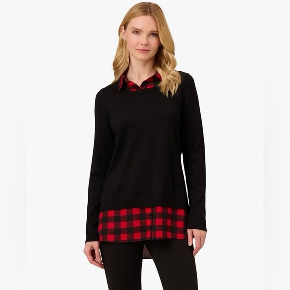 Adrianna Papell Printed V-Neck Twofer Sweater Black W/Red Buffalo Plaid Large - Picture 1 of 10